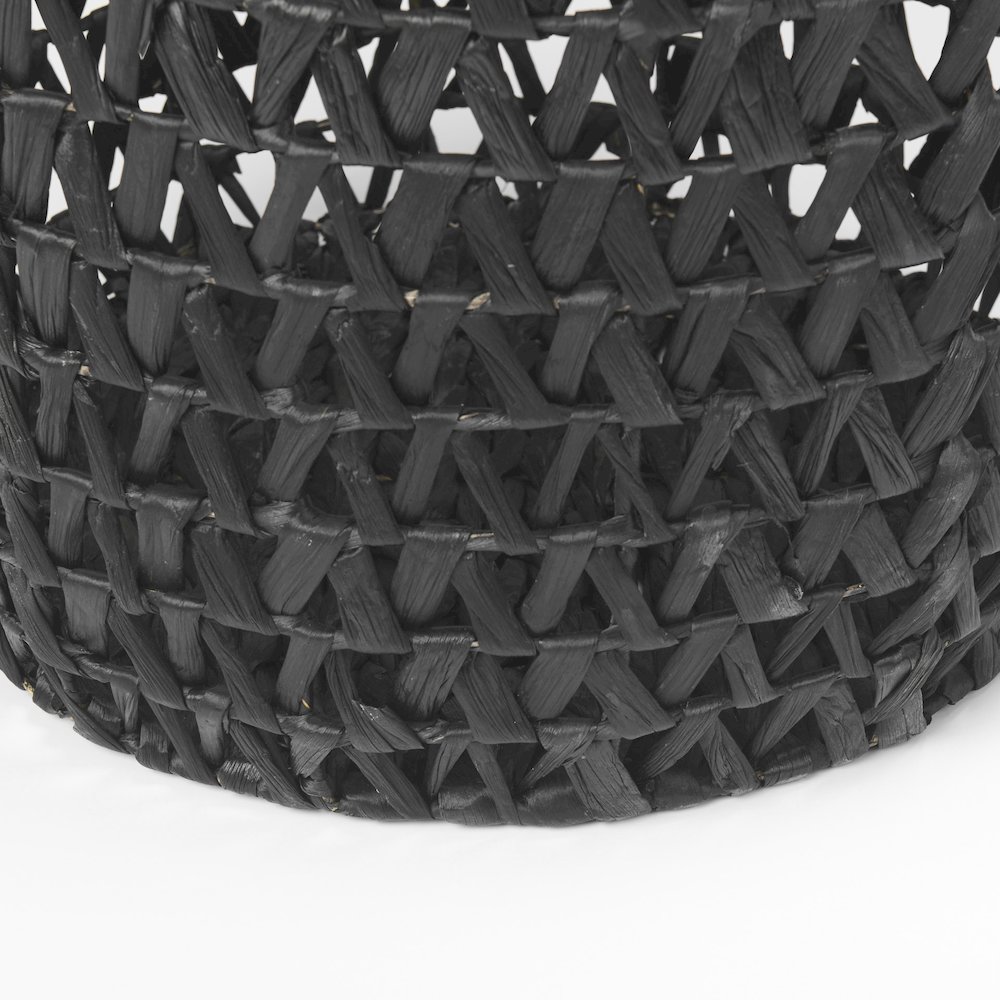 Set of 3 Black Water Hyacinth Zig Zag Weave Round Basket W/ Handles. Picture 7