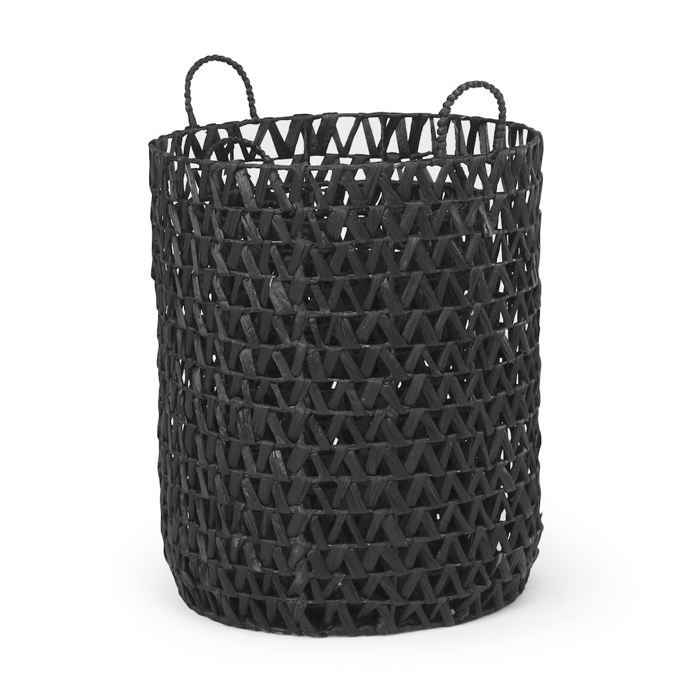Set of 3 Black Water Hyacinth Zig Zag Weave Round Basket W/ Handles. Picture 3