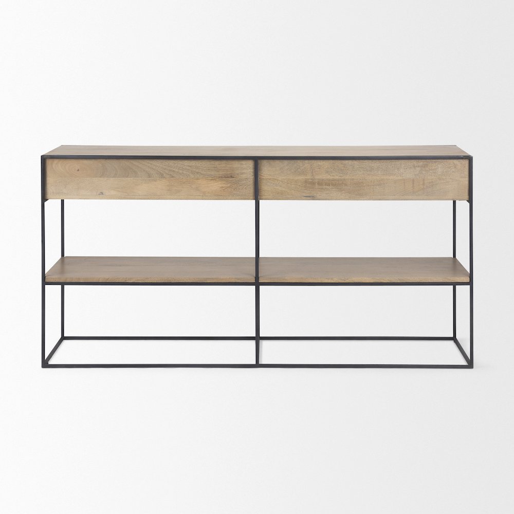 63.0L x 15.0W x 31.0H Beige Wood w/ Black Metal Frame 2 Drawer Console Table. Picture 3