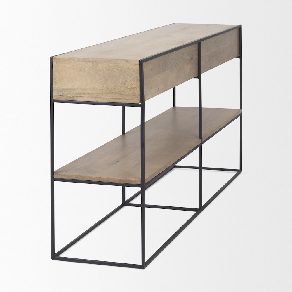 63.0L x 15.0W x 31.0H Beige Wood w/ Black Metal Frame 2 Drawer Console Table. Picture 4