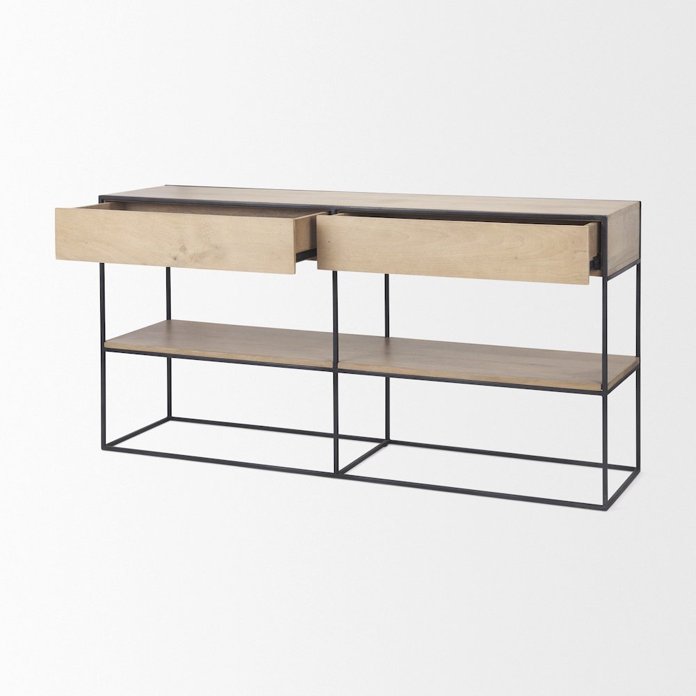 63.0L x 15.0W x 31.0H Beige Wood w/ Black Metal Frame 2 Drawer Console Table. Picture 5