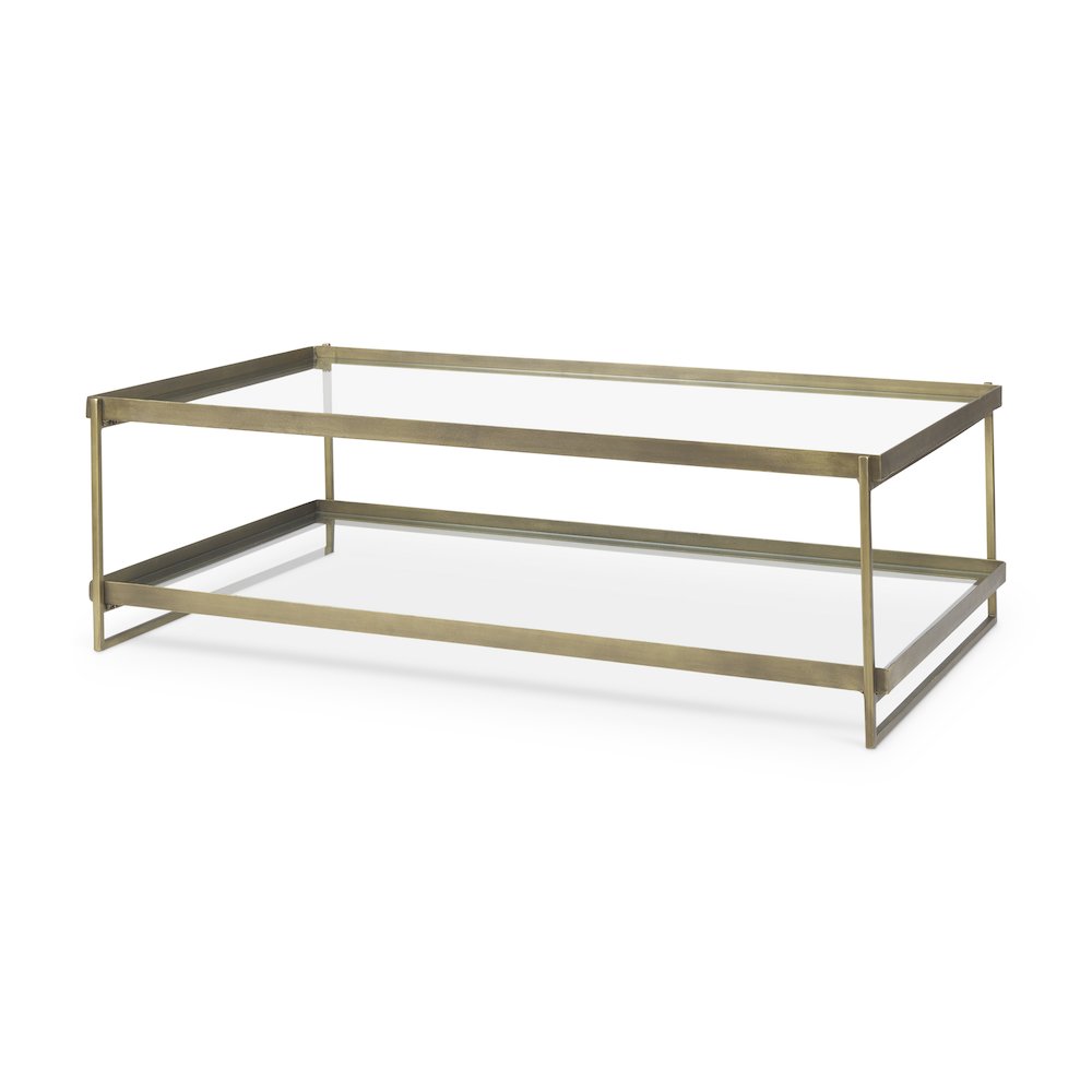 Trey 56.0L x 32.0W x 17.0H Gold Metal W/Glass Coffee table. Picture 1