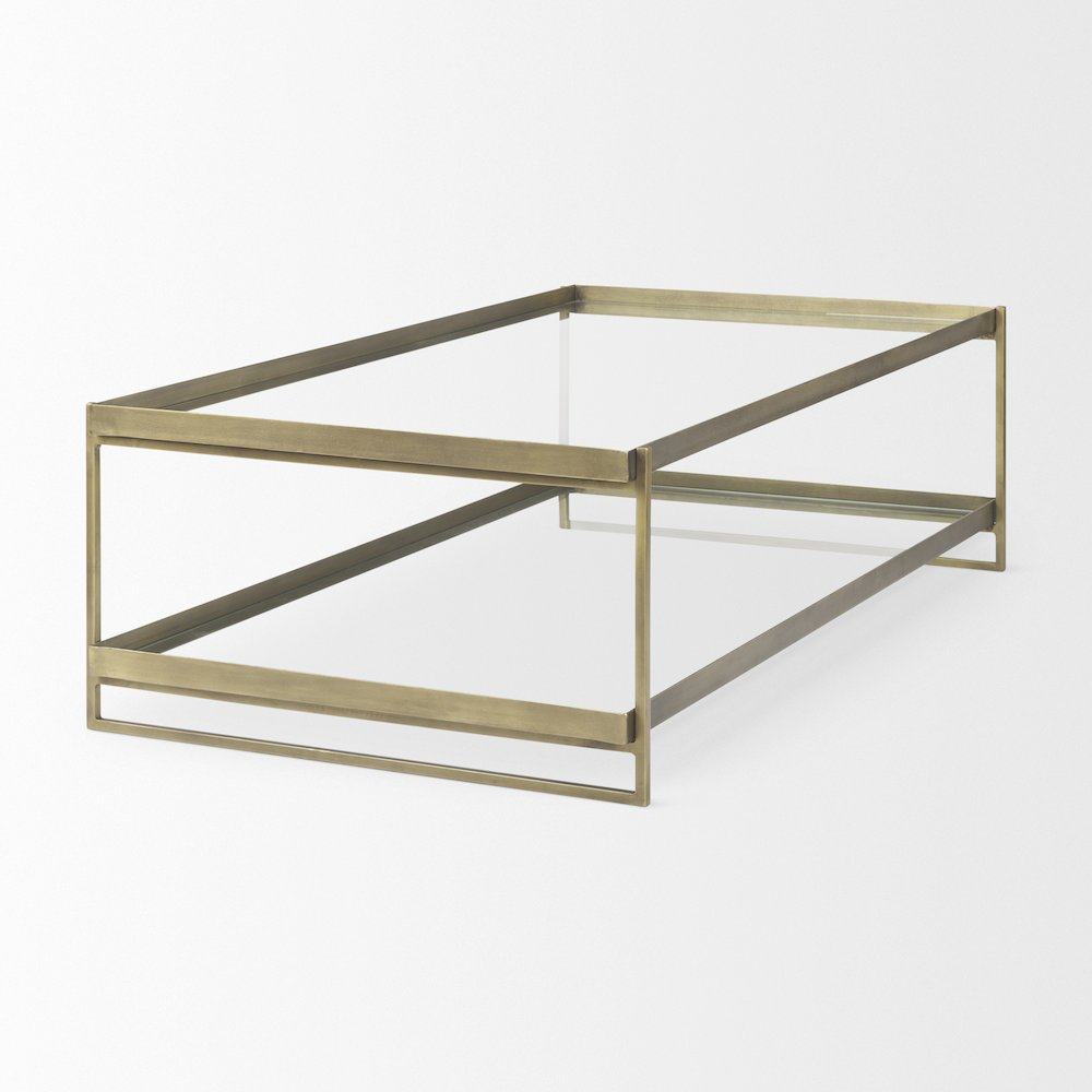 Trey 56.0L x 32.0W x 17.0H Gold Metal W/Glass Coffee table. Picture 4