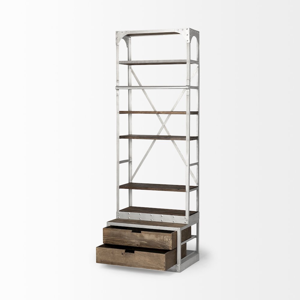 32L x 22W x 94H  Medium Brown Wood Silver Accent Four Shelf Shelving Unit. Picture 2
