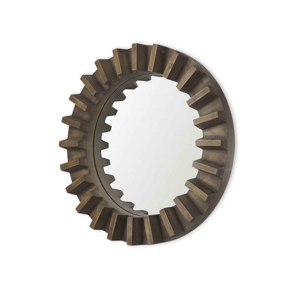 Sprocket 26" Round Brown Wood Frame Mirror. Picture 1
