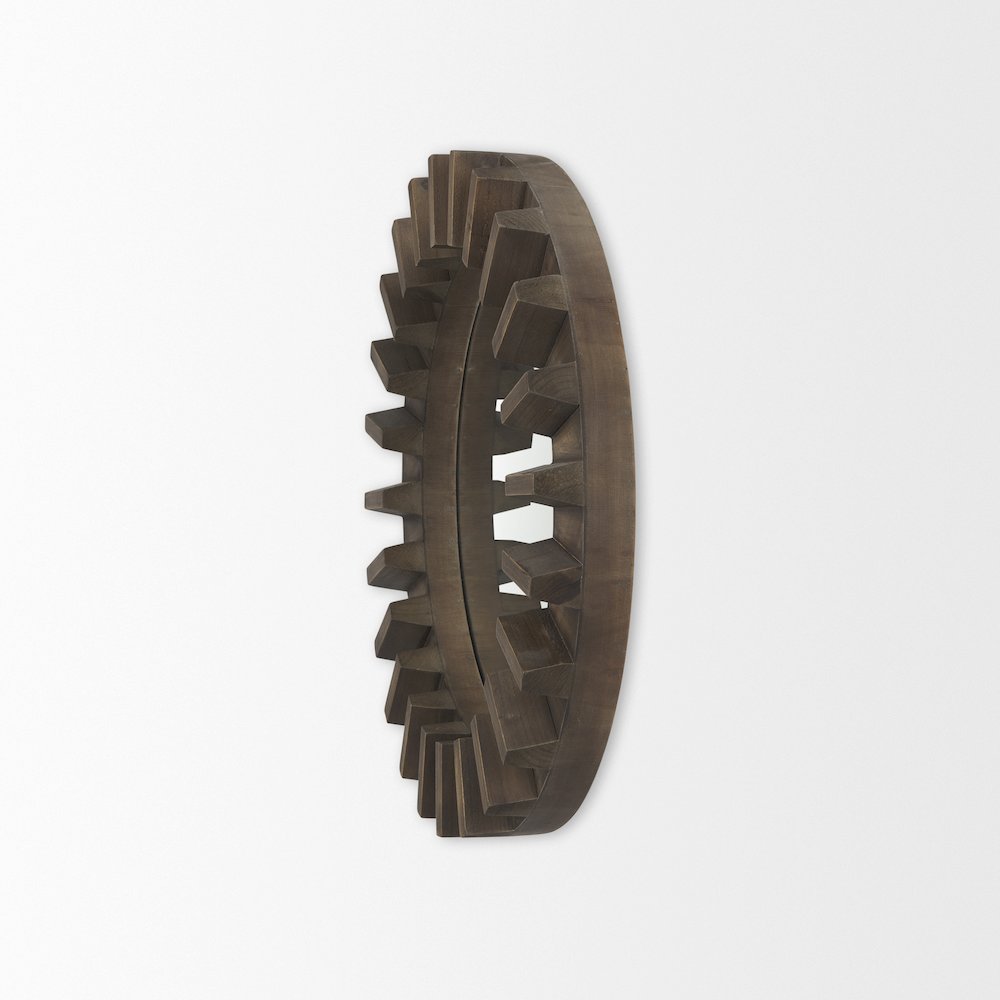 Sprocket 26" Round Brown Wood Frame Mirror. Picture 2