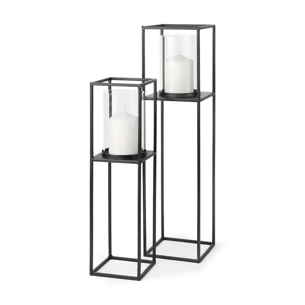 Set of 2 Matte Black Metal and Hurricane Glass Pillar Tabletop Candle Holders. Picture 1