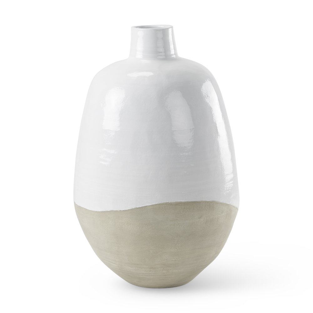 Amos 20.5L x 20.5W x 31.9H White and Dark Beige Color Blocked Ceramic Floor Vase. Picture 1