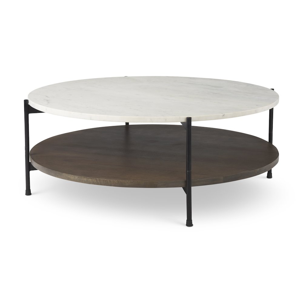 42" Round Two-Tier White Marble Top and Solid Wood Shelf Frame Coffee Table. Picture 1