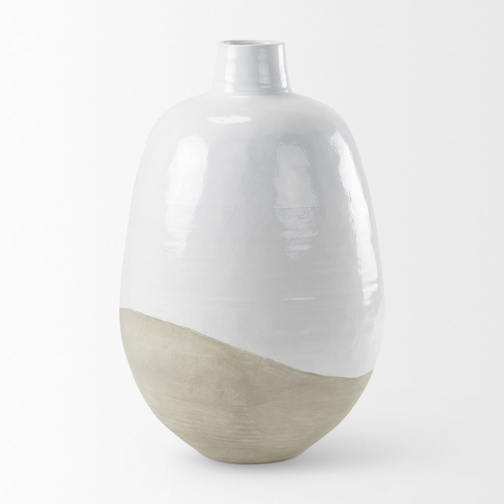 Amos 20.5L x 20.5W x 31.9H White and Dark Beige Color Blocked Ceramic Floor Vase. Picture 2