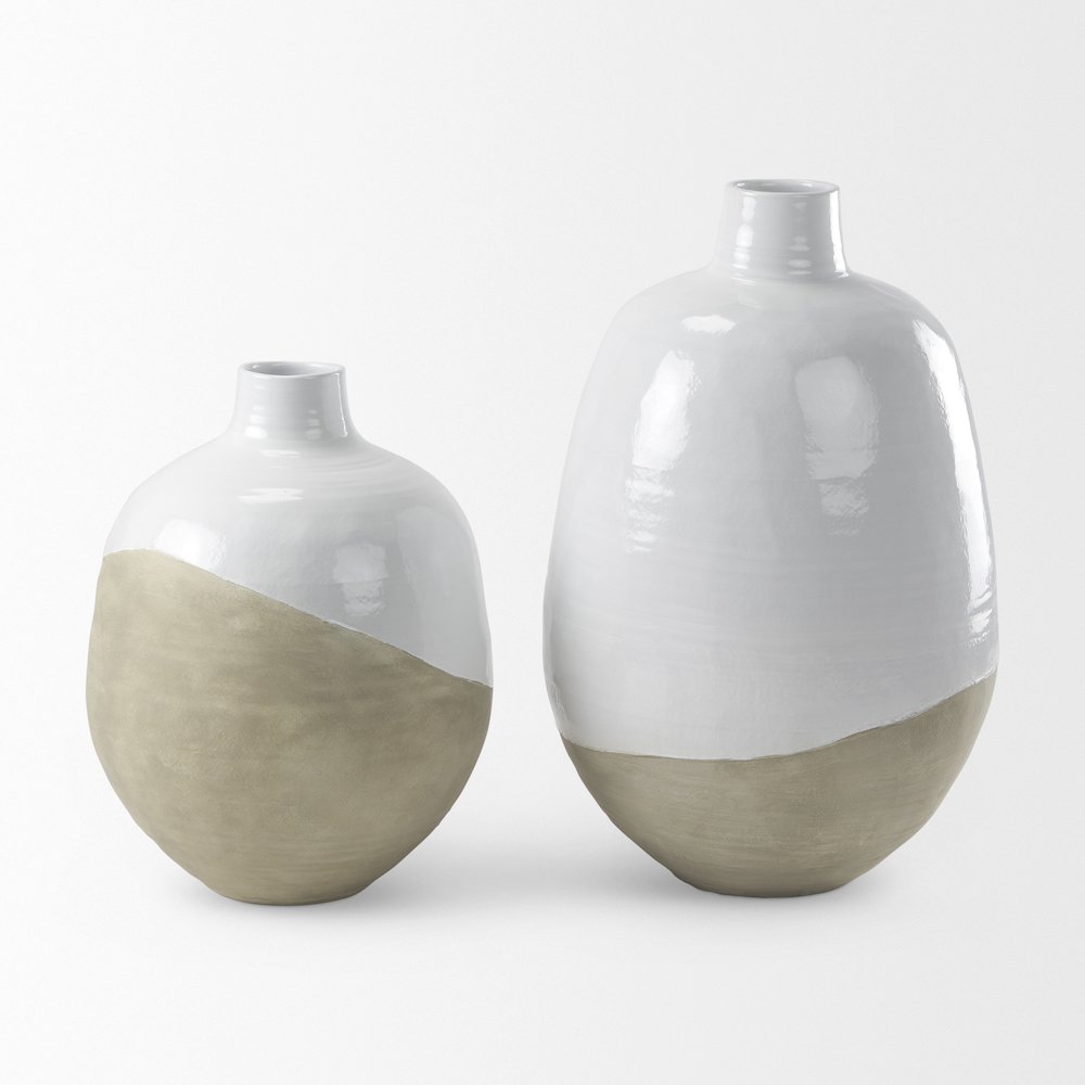 Amos 20.5L x 20.5W x 31.9H White and Dark Beige Color Blocked Ceramic Floor Vase. Picture 8
