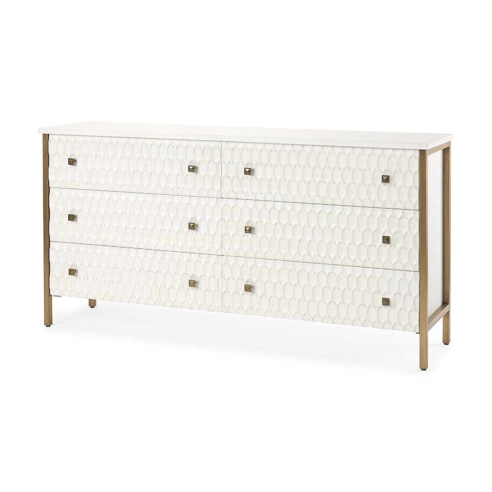 Savannah White Fir Veneer w/ Gold Metal Accents 6-Drawer Sideboard. Picture 1