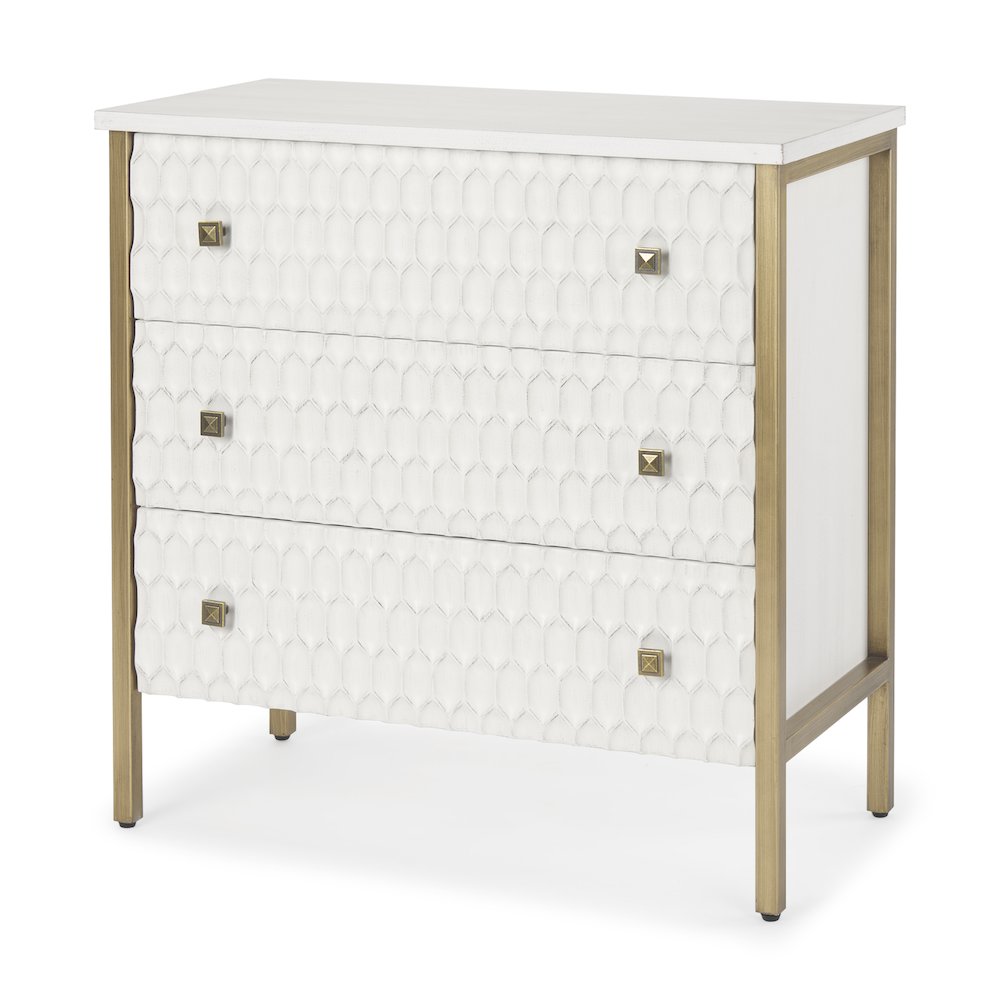Savannah White Fir Veneer w/ Gold Metal 3-Drawer Accent Cabinet. Picture 1
