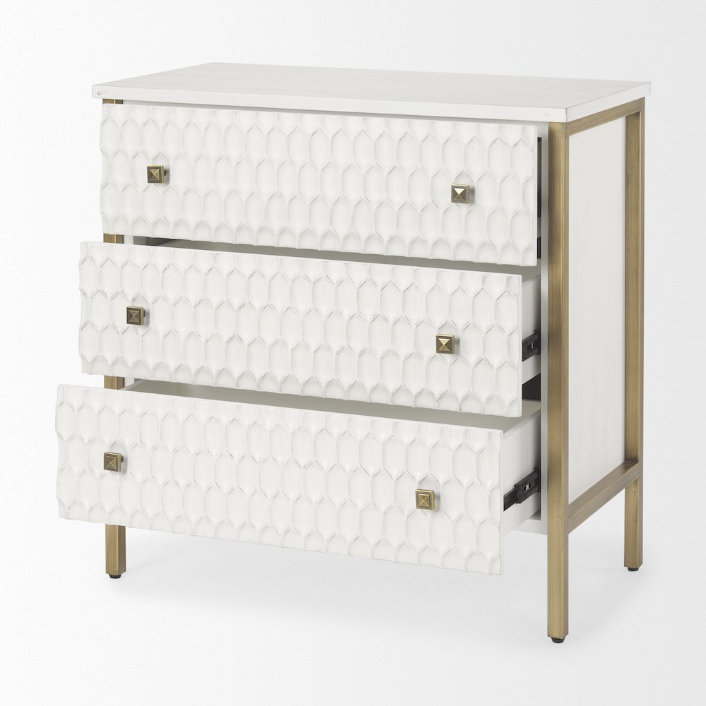 Savannah White Fir Veneer w/ Gold Metal 3-Drawer Accent Cabinet. Picture 5