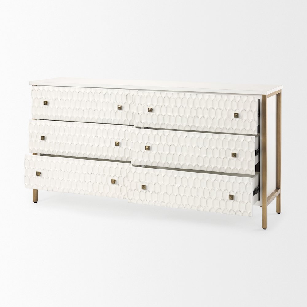 Savannah White Fir Veneer w/ Gold Metal Accents 6-Drawer Sideboard. Picture 6