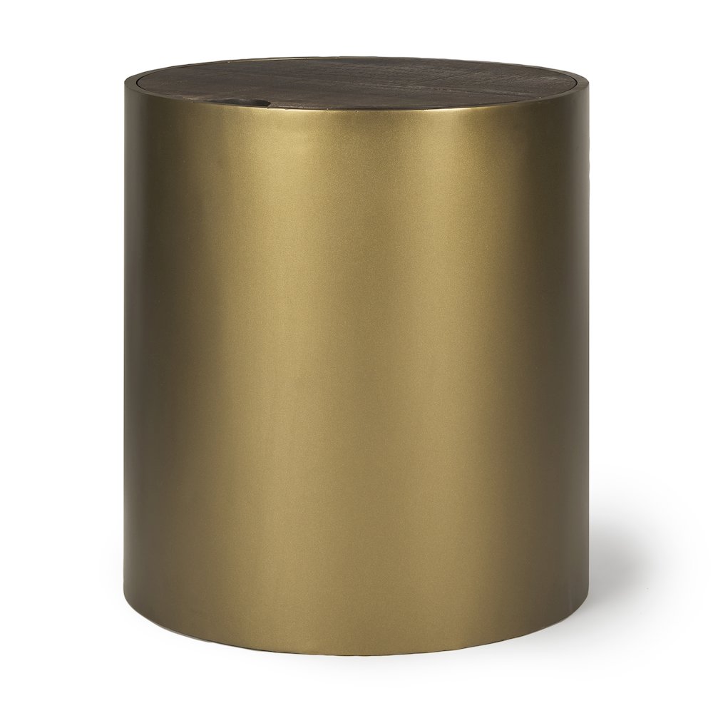Eclipse Gold Metal Drum Base w/ Dark Brown Wood Top End/Side Table. Picture 1