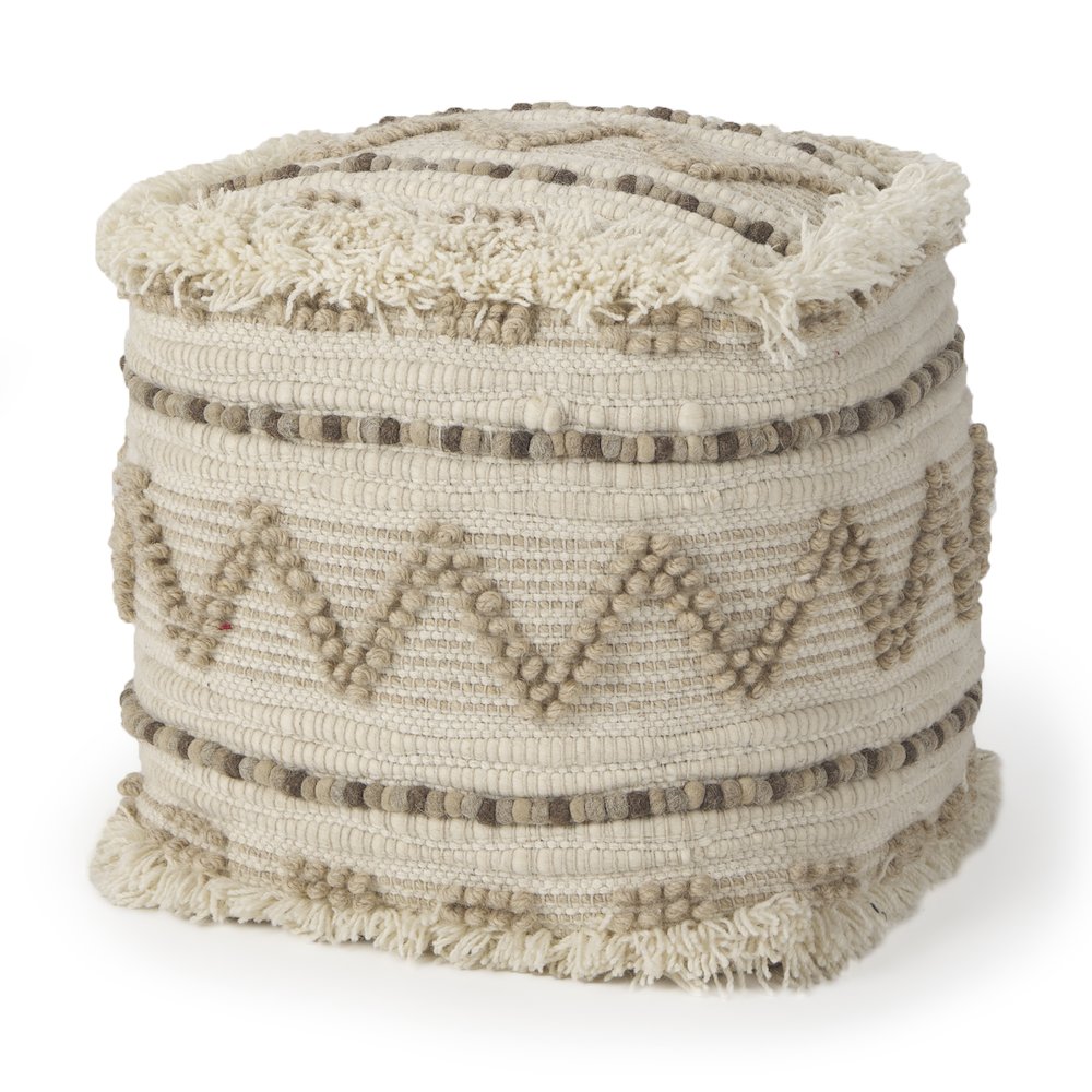 Caela Beige/Brown Wool, Cotton and Felt Popcorn Stitch Square Pouf. Picture 1