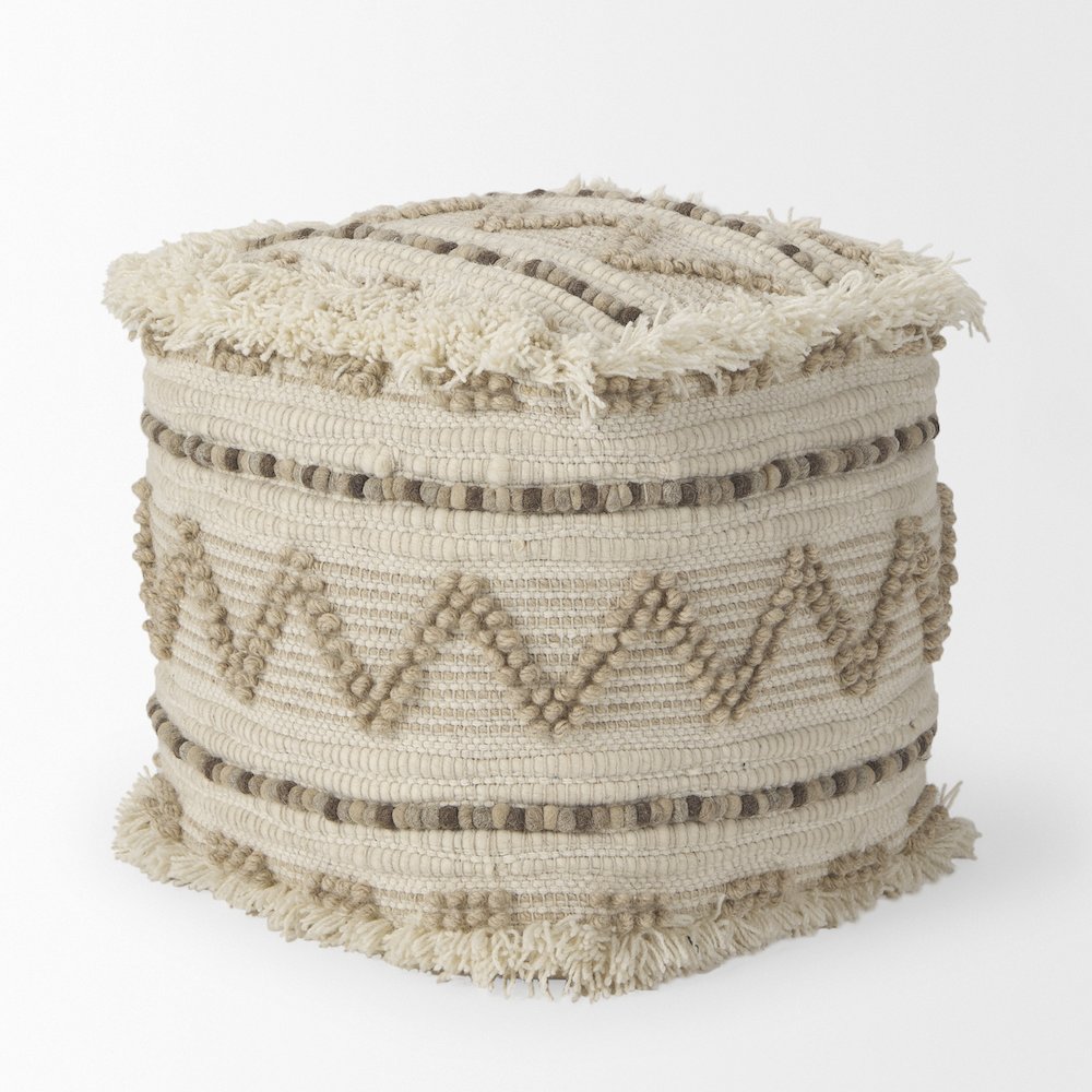 Caela Beige/Brown Wool, Cotton and Felt Popcorn Stitch Square Pouf. Picture 2