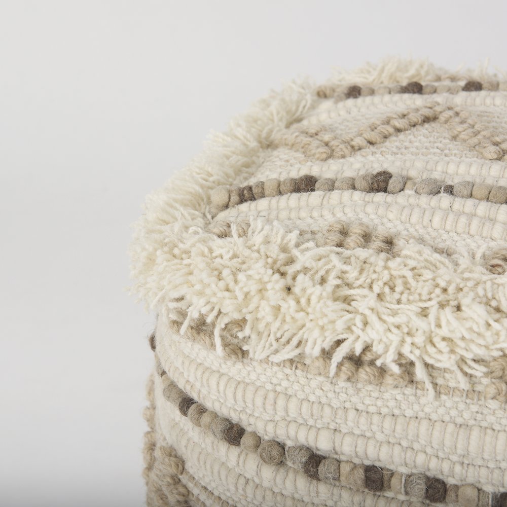 Caela Beige/Brown Wool, Cotton and Felt Popcorn Stitch Square Pouf. Picture 3