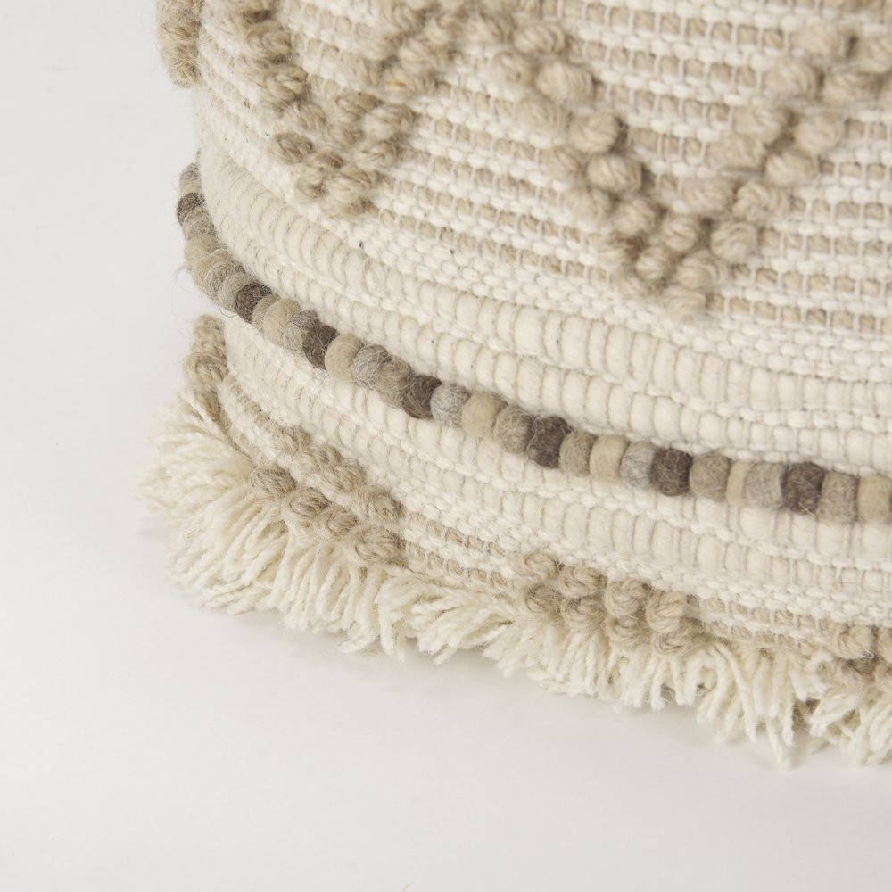 Caela Beige/Brown Wool, Cotton and Felt Popcorn Stitch Square Pouf. Picture 5