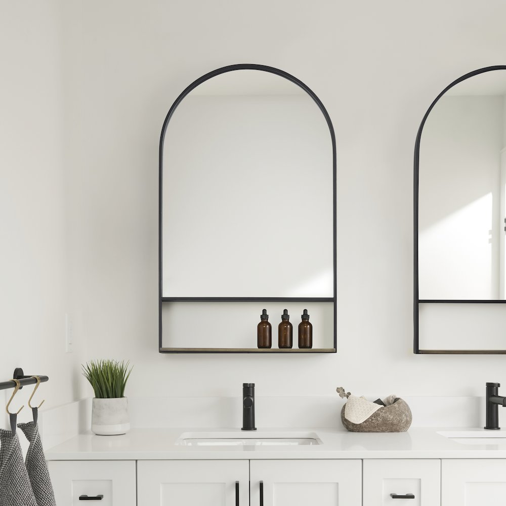 Black Metal Frame W/ Brown Wooden Shelf Arched Wall Mirror. Picture 7