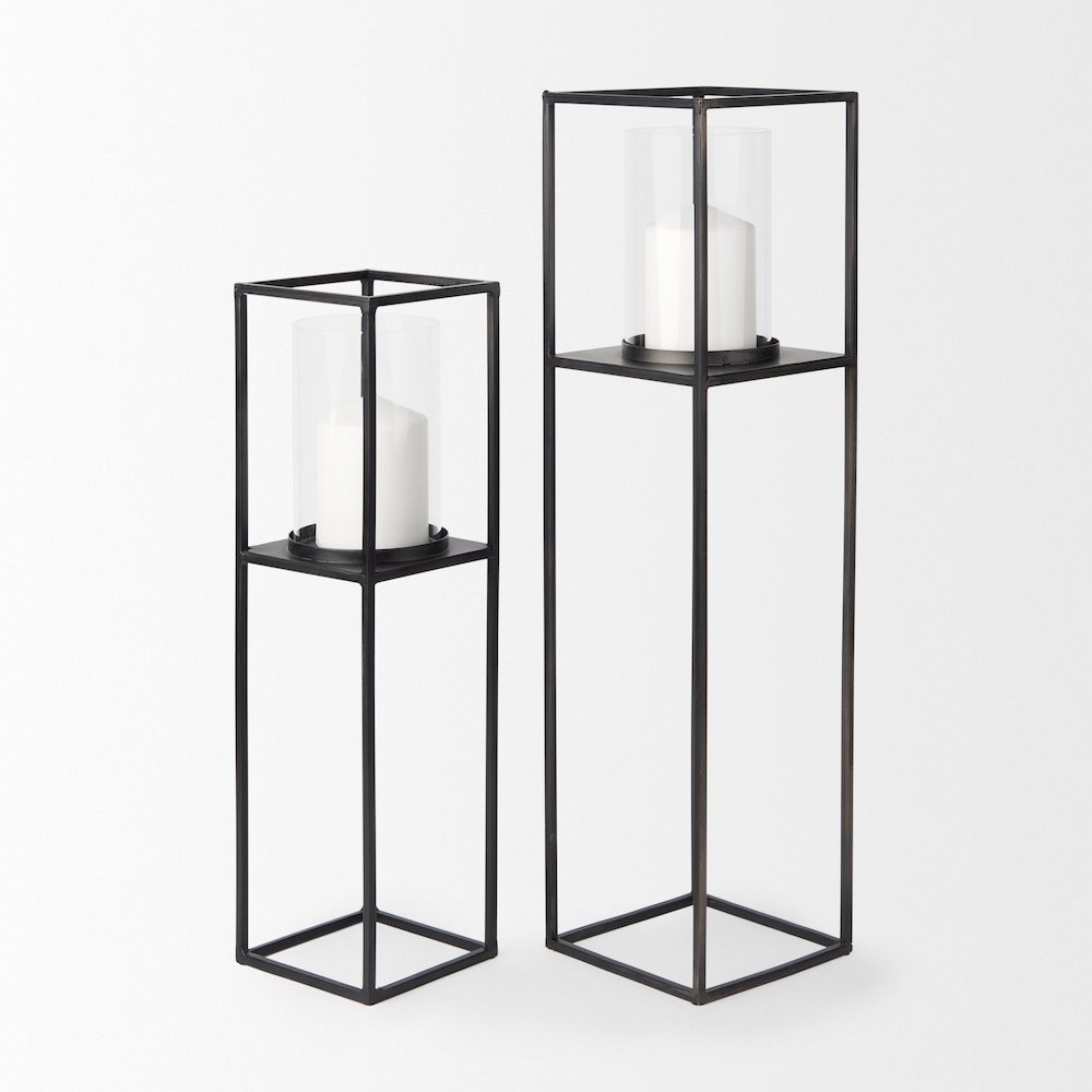 Set of 2 Matte Black Metal and Hurricane Glass Pillar Tabletop Candle Holders. Picture 2