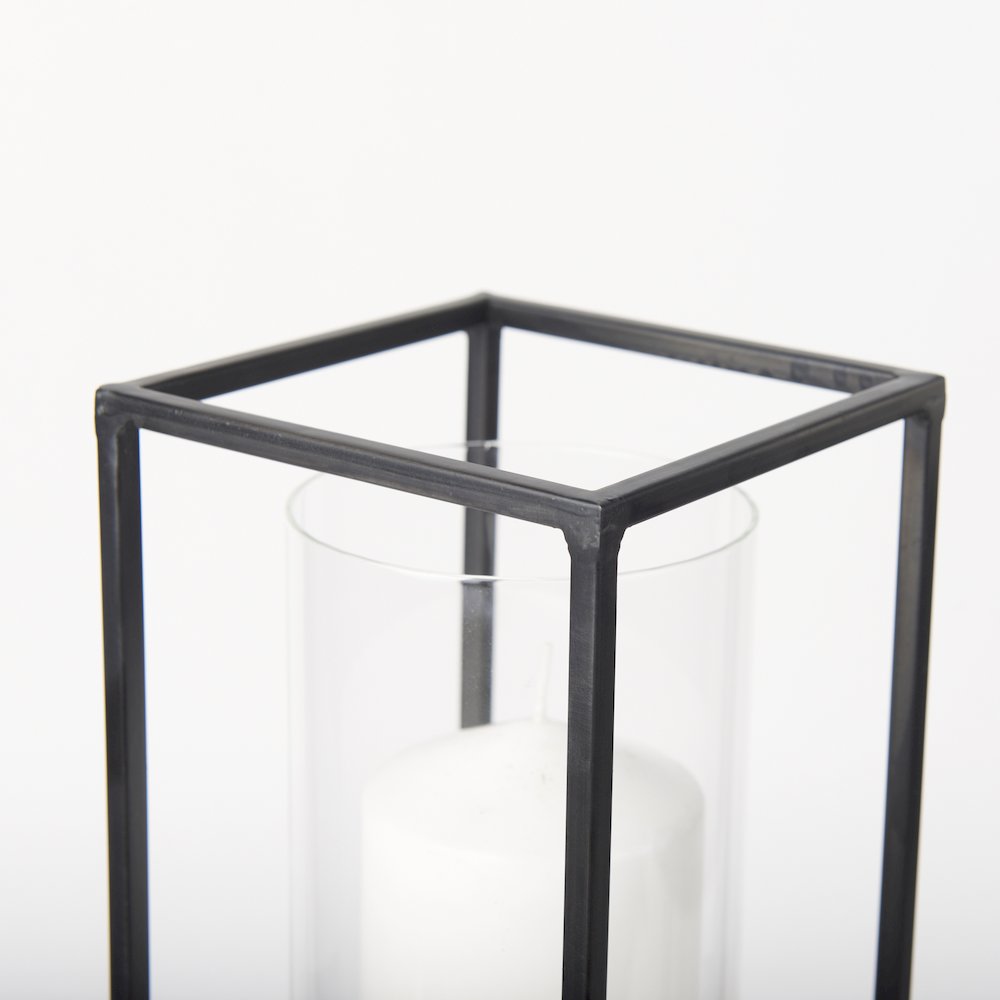 Set of 2 Matte Black Metal and Hurricane Glass Pillar Tabletop Candle Holders. Picture 3