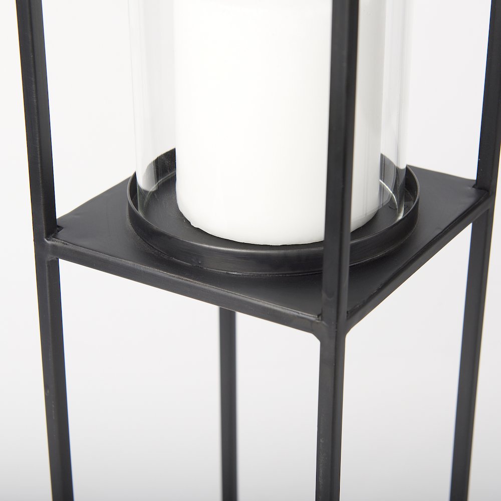 Set of 2 Matte Black Metal and Hurricane Glass Pillar Tabletop Candle Holders. Picture 4