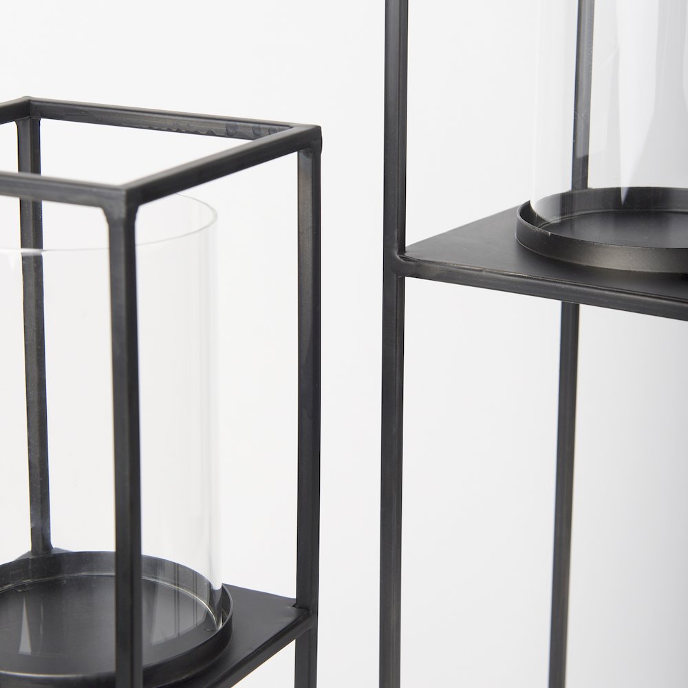 Set of 2 Matte Black Metal and Hurricane Glass Pillar Tabletop Candle Holders. Picture 5