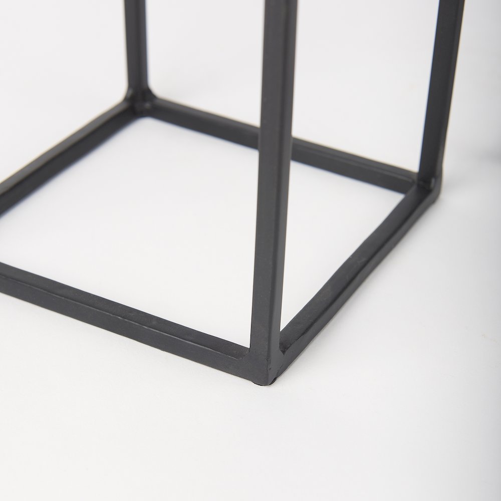 Set of 2 Matte Black Metal and Hurricane Glass Pillar Tabletop Candle Holders. Picture 7