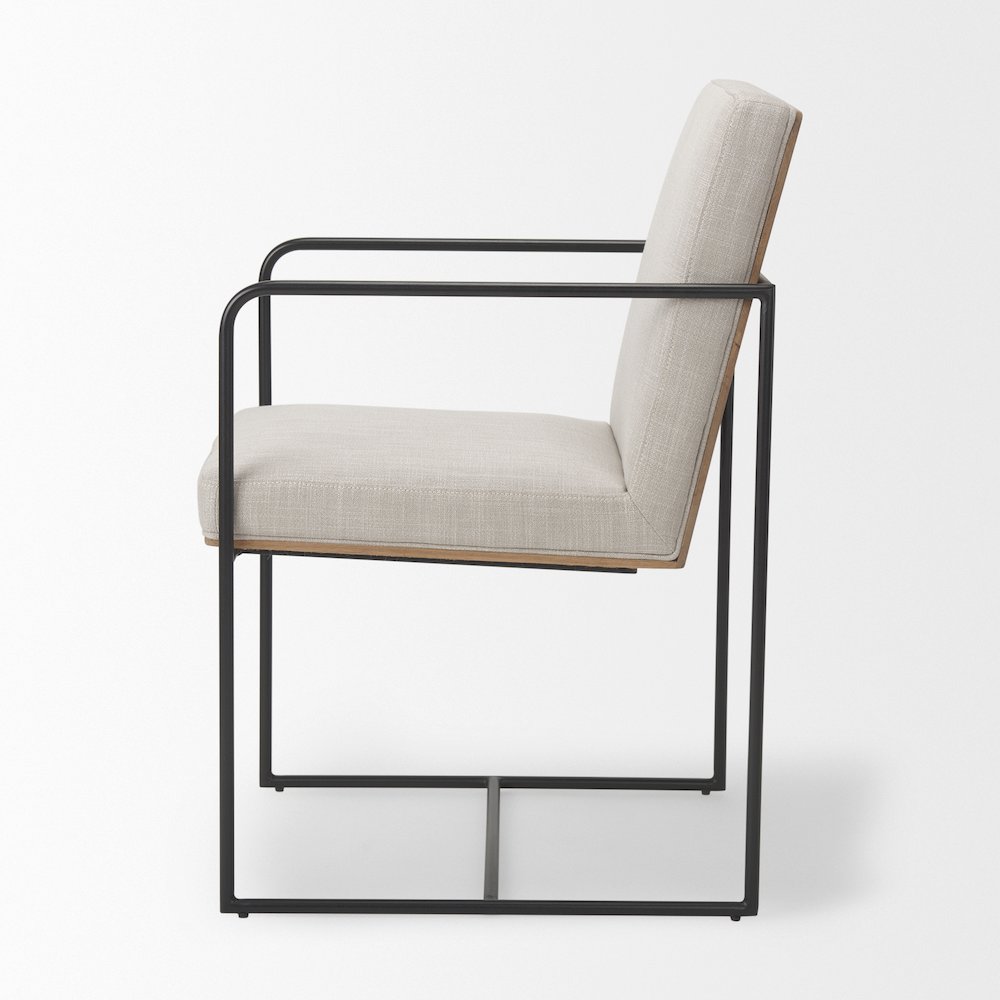 Beige Upholstered Seat w/ Wood Back, Black Metal Frame Dining Chair w/ Arms. Picture 2