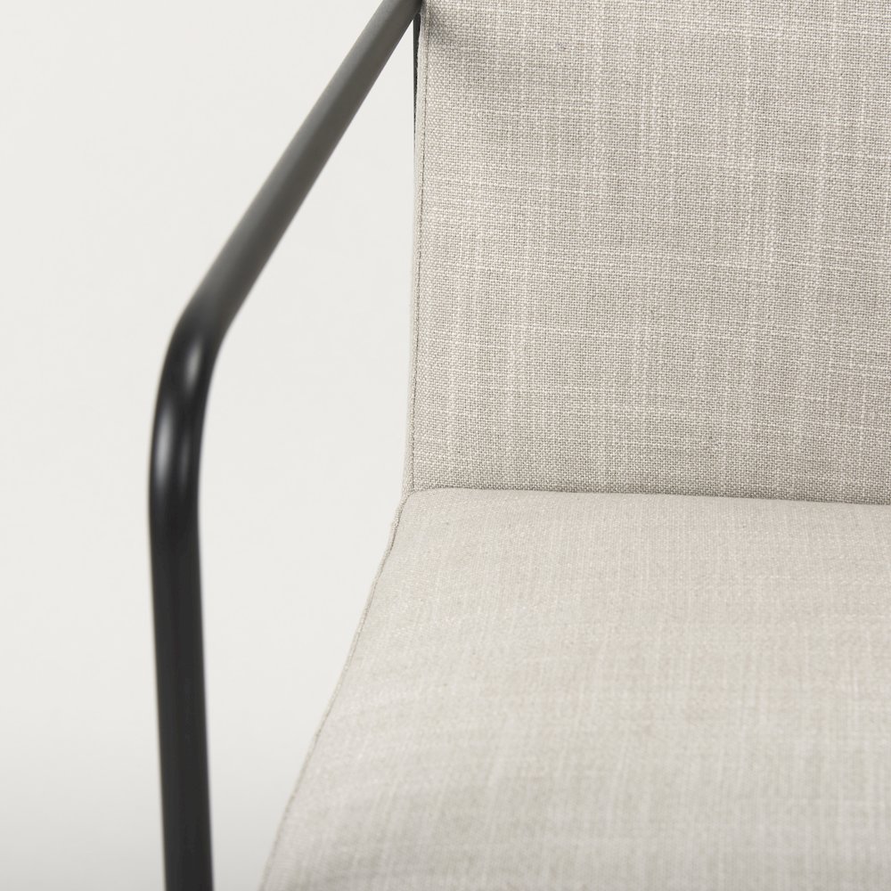 Beige Upholstered Seat w/ Wood Back, Black Metal Frame Dining Chair w/ Arms. Picture 7