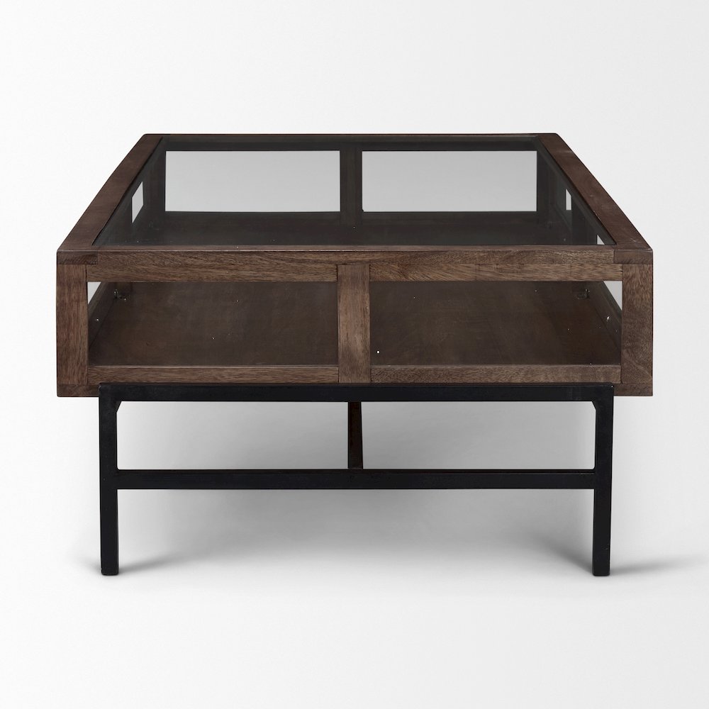 Rectangular Glass-Top Medium Brown Wood w/ Black Metal Base Display Coffee Table. Picture 2