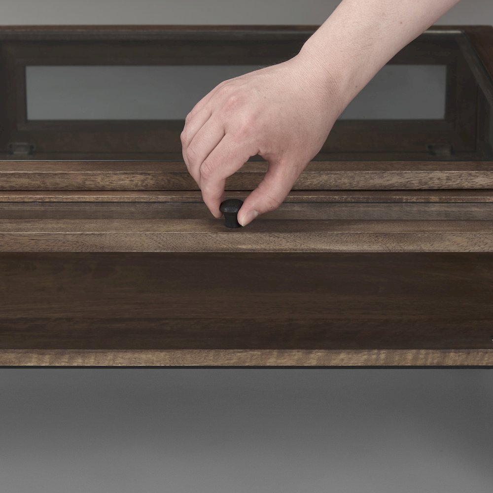 Rectangular Glass-Top Medium Brown Wood w/ Black Metal Base Display Coffee Table. Picture 6