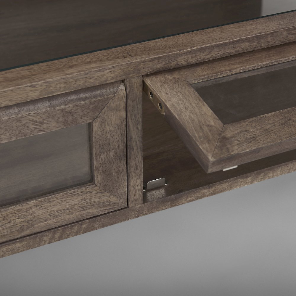 Rectangular Glass-Top Medium Brown Wood w/ Black Metal Base Display Coffee Table. Picture 7