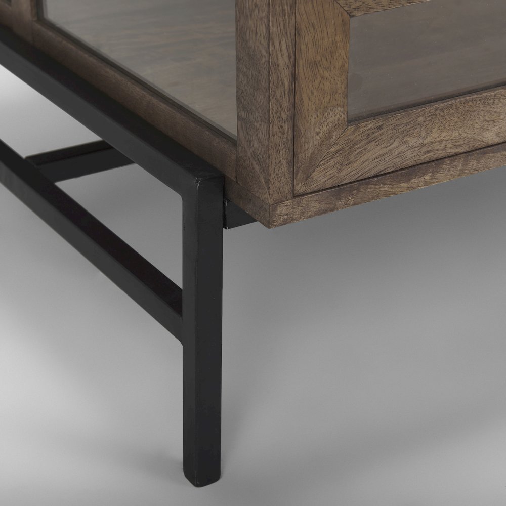 Rectangular Glass-Top Medium Brown Wood w/ Black Metal Base Display Coffee Table. Picture 9