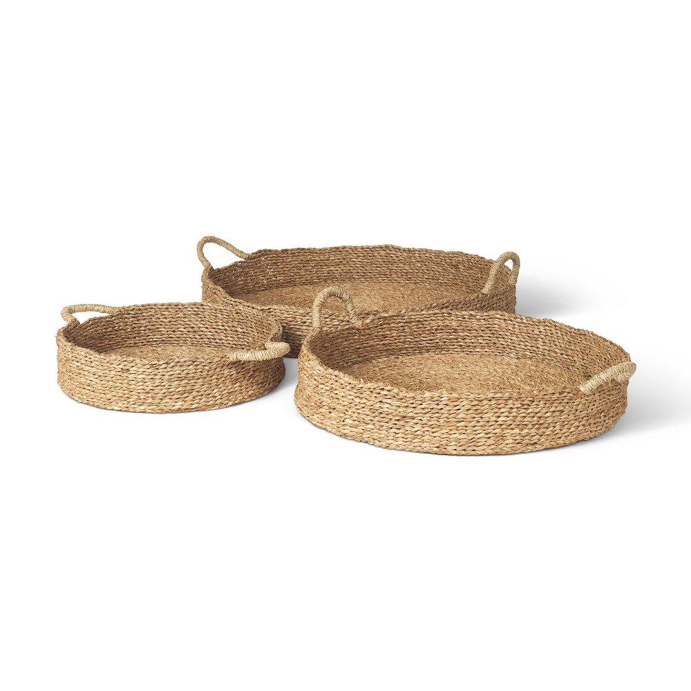 Ulana Set of 3 Round Nesting Seagrass Trays w/ Loop Handles. Picture 1