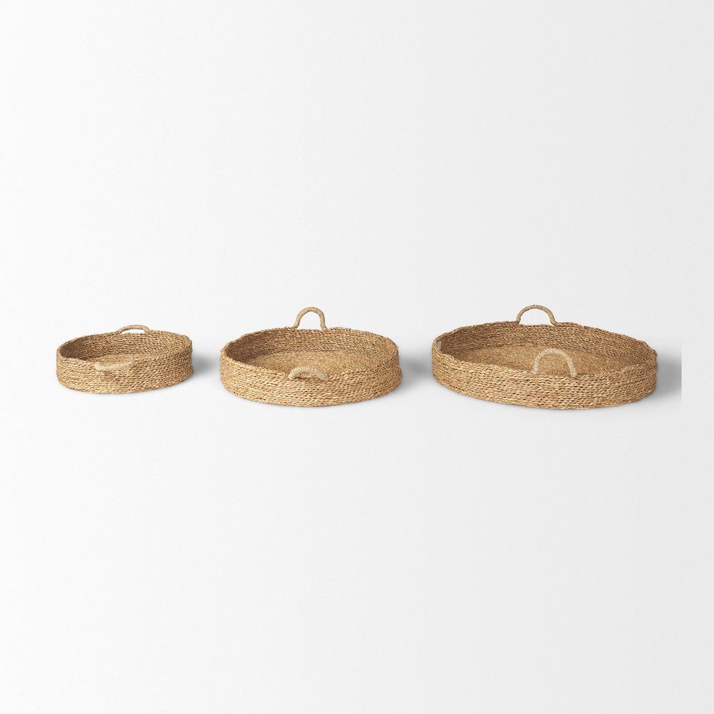 Ulana Set of 3 Round Nesting Seagrass Trays w/ Loop Handles. Picture 2