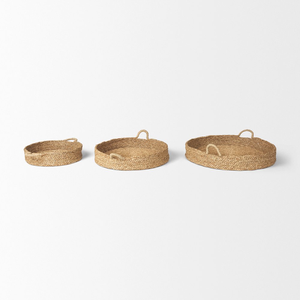 Ulana Set of 3 Round Nesting Seagrass Trays w/ Loop Handles. Picture 3