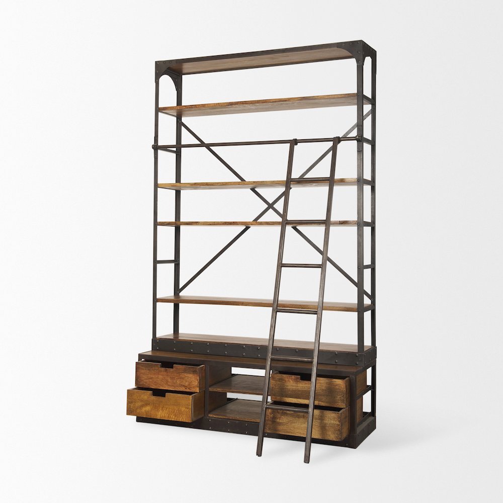 Medium Brown Wood Black Ladder Four Shelf Shelving Unit 57L x 20.5W x94H. Picture 6