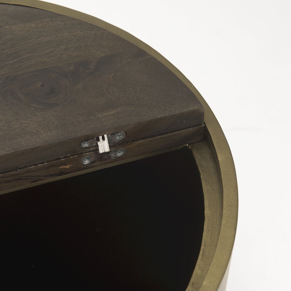 Eclipse Gold Metal Drum Base w/ Dark Brown Wood Top End/Side Table. Picture 4