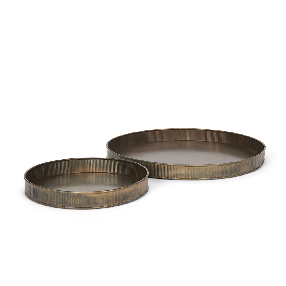Varun Round Antiqued Brass Metal Tray (Set of 2). Picture 1