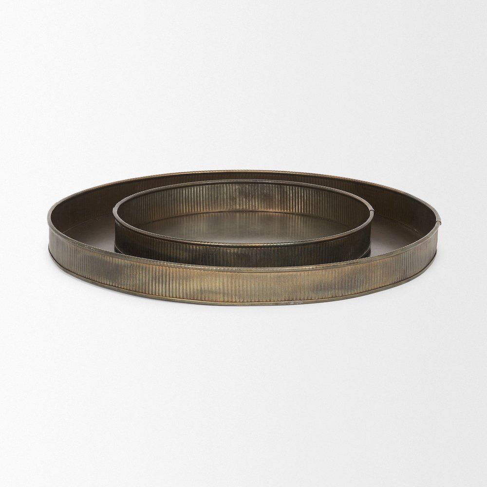 Varun Round Antiqued Brass Metal Tray (Set of 2). Picture 3