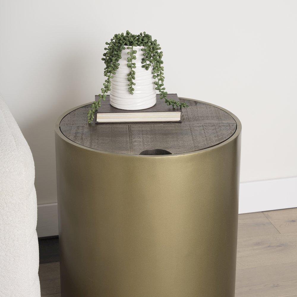 Eclipse Gold Metal Drum Base w/ Dark Brown Wood Top End/Side Table. Picture 8