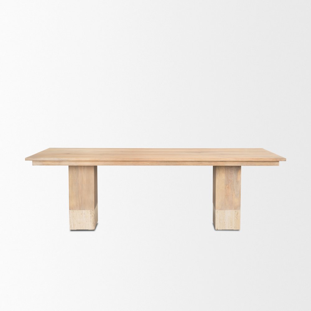 Shivon 94" Light Brown Mango Wood Travertine Dining Table. Picture 3