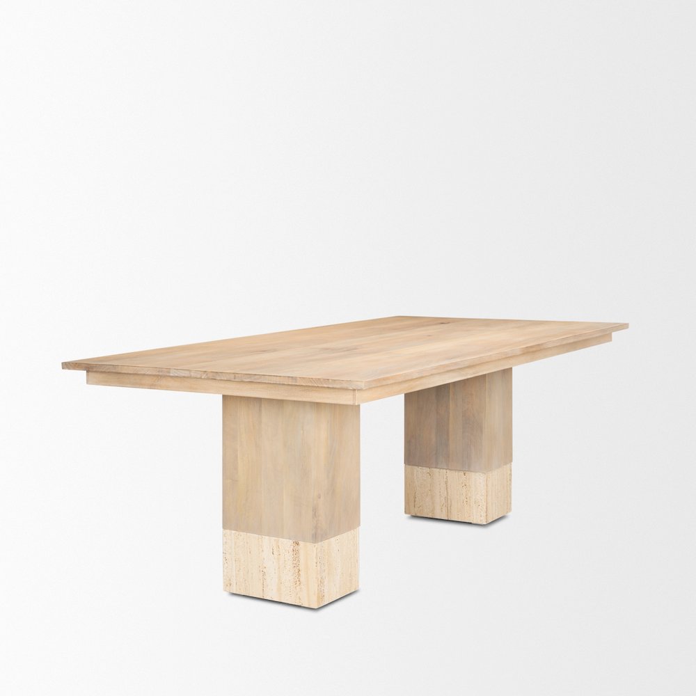 Shivon 94" Light Brown Mango Wood Travertine Dining Table. Picture 5