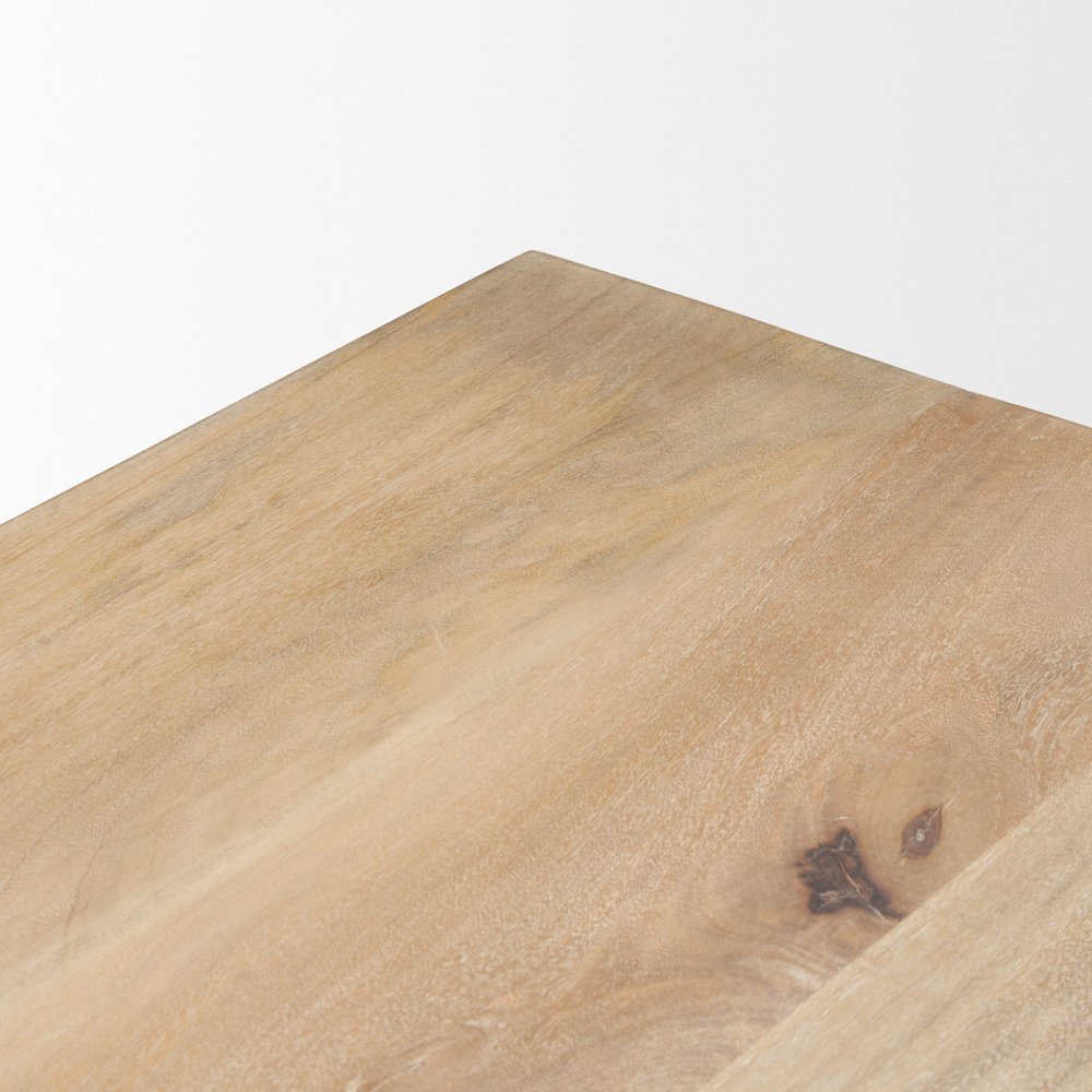 Shivon 94" Light Brown Mango Wood Travertine Dining Table. Picture 6