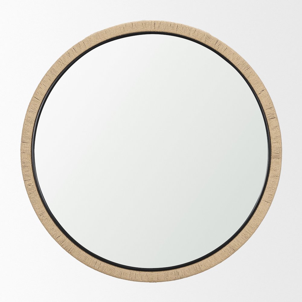 Vasie Black Wood Jute Round Mirror. Picture 1