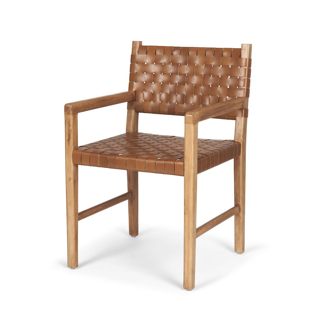 Brown Wood Woven Brown Leather Dining Armchair. Picture 1