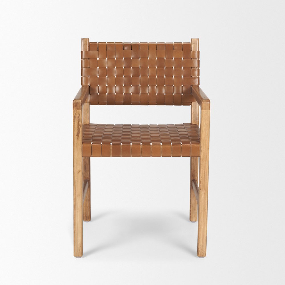 Brown Wood Woven Brown Leather Dining Armchair. Picture 3